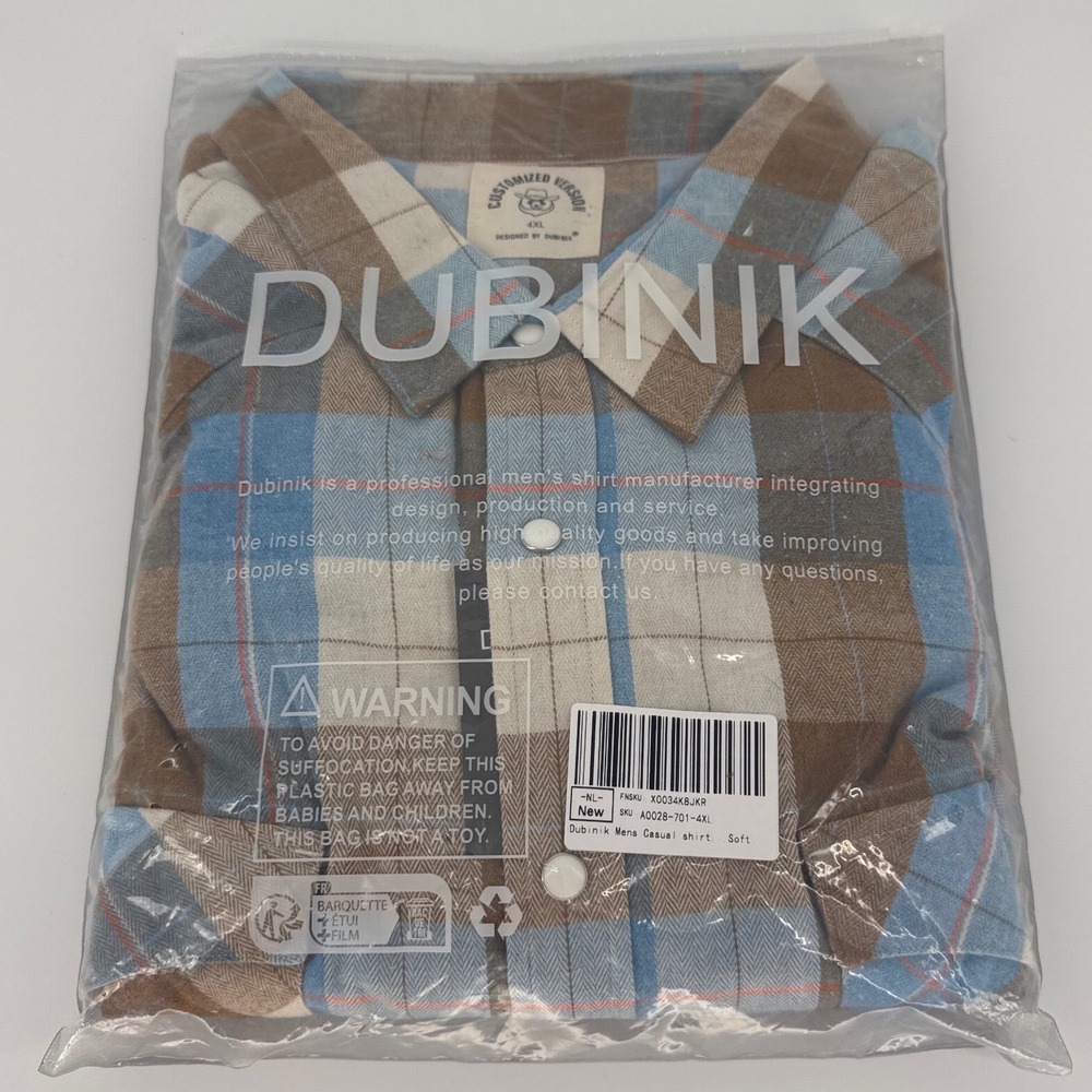 Dubinik Mens Casual Plaid Flannel Shirt 4XL Blue Brown Pearl Snap Button Down